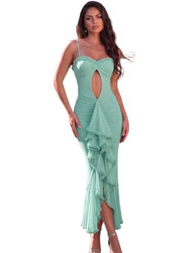 Image of houstil Women's Strap Ruffle Casual Summer Dress Mesh Beach Party Maxi Cocktail Evening Holiday Wedding Guest Dresses