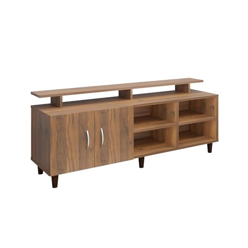 Image of VIKI Modern TV Unit for Living Room | Engineered Wood TV Cabinet with 2 Door Storage, 2 Open Shelves & Extension, Entertainment Unit, 140W x 48H x 40D cm | DIY | 1 Year Warranty (Walnut)