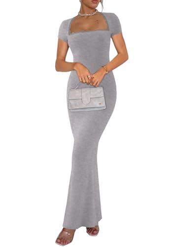 REORIA Womens Summer Square Neck Short Sleeve Long Dress Formal Wedding Guest Elegant Ribbed Bodycon Maxi Dresses4