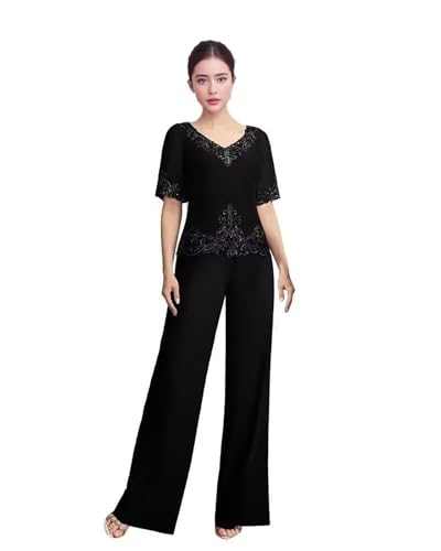 2 Pieces Mother of The Bride Pant Suits Lace Appliques Chiffon Short Sleeve Formal Evening Party Gowns for Women