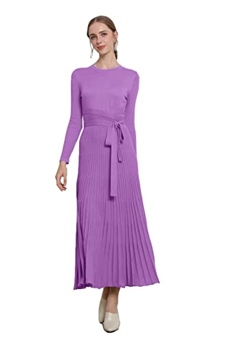 Image of Women's Long Knit Crewneck Sweater Dress Tie Waist A-Line Swing Pleated Bodycon
