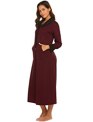 Ekouaer Long Nightgown Women Long Sleeve Loungewear Oversized Nightshirt Full Length Warm Maxi Nightdress Wine Red
