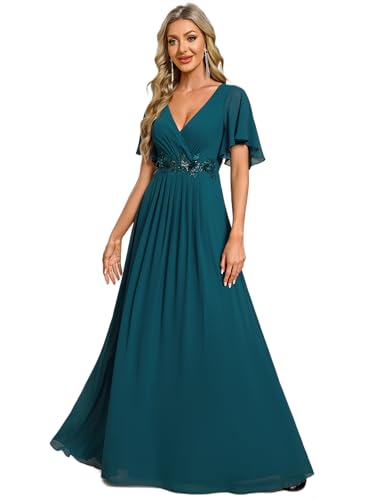 Ever-Pretty Damen Abendkleid Lang Elegant für Hochzeit Appliziertes V-Ausschnitt A-Linie Ballkleider Chiffon Brautjungferkleider Blaugrün 48