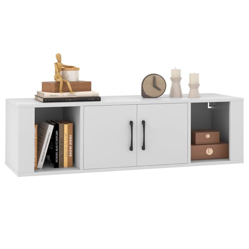 Giantex Wall Mounted Storage Cabinet 2 Cube Floating Media Hanging Desk W/2 Doors and 2 Open Shelves, Home Office Furniture for Kitchen, Bathroom, Living Room Floating Console Hutch (White)