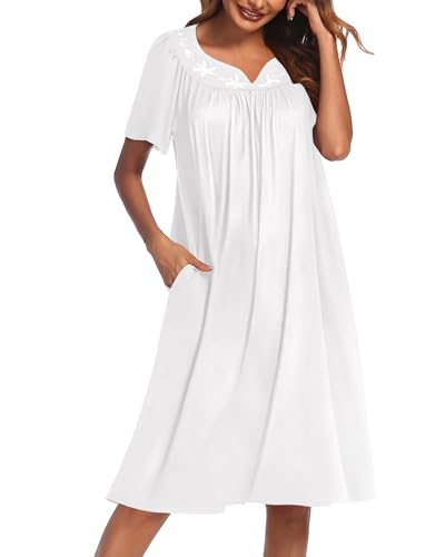 Image of Ekouaer Moo Moos for Women House Dress With Pockets Cotton Nightgowns Short Sleeve Night gowns Embroidered Mumu Dress