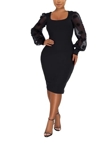 acelyn Women's Sexy Mesh Long Puff Lantern Sleeve Bodycon Dress Square Neck Ribbed Club Party Cocktail Midi Dresses