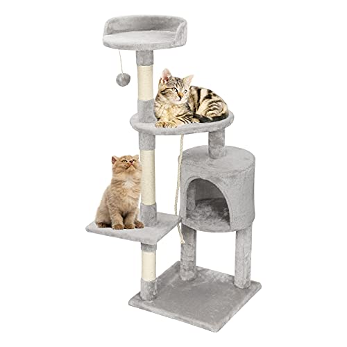 Arbre à Chat Hauteur 112 cm,Tour de Jeux pour Chats avec 3 Poteaux en Sisal,2 Plateformes,1 Nid Douillet,1 Pompons,Multi-Niveaux,Beige Clair Convient aux Chats de Petite et Moyenne Taille (Gris)