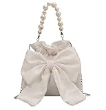 Nite closet Lolita Purse White Pearl Handle Bag Lace Drawstring for Women Bow (White)