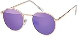 styleBREAKER Sonnenbrille in Panto-Form mit runden Flachgläsern und Metall Bügel, Unisex 09020077, Farbe:Gestell Gold / Glas Lila verspiegelt