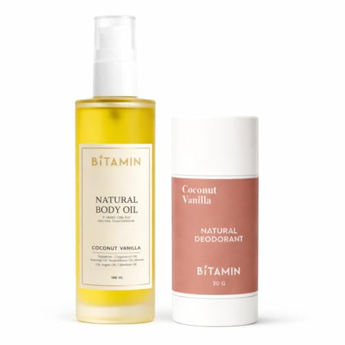 Image of Bitamin Natural Body Oil & Underarm Deodorant Combo for Men & Women | 9 Multi Oil Blend with Vitamin E | Natural Deodorant with 5% Vitamin C | Coconut Vanilla | Body Care Gift Set - Combo pack