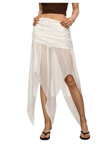 Floerns Women's Western Sheer Lace Long Skirts Asymmetrical Hem Renaissance Midi Skirt Without Belt