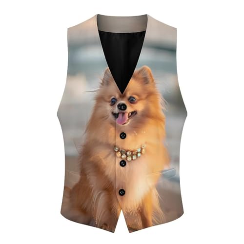 Pomeranian Dog Beach Men's Suit Vest Waistcoat Vests Formal Dress with 2 Pockets for Business Casual Tuxedo3
