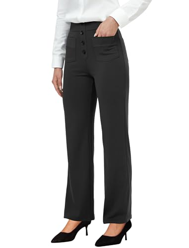 Women's High Waisted Button Multiple Pockets Work Pants, Straight Leg Casual Stretchy Business Trousers2