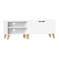 VASAGLE TV466W01 TV-meubel voor televisies tot 32/45 / 50/55 / 60 inch, zeer snelle montage zonder gereedschap, voor woonkamer, glas met sleuf, modern, 140 x 39 x 45 cm, wit