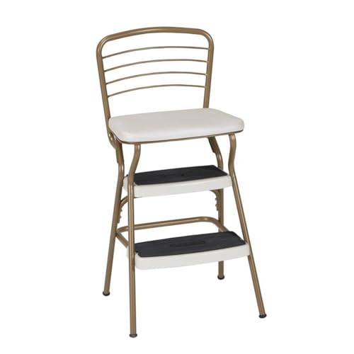 Pemberly Row Retro Chair and Step Stool Flip-Up Seat Gold Steel Frame Cream Vinyl Upholstery 225 lb Capacity Cushioned Seat Multi-Purpose Counter Height Chair for Kitchen or Bar Spaces