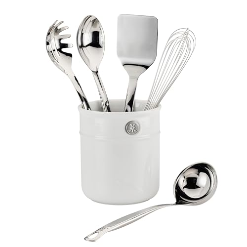 Hestan Provisions Chef's Tools, Deluxe Tool Set (6-Piece) with Porcelain Holder/Bain Marie & Stainless Steel: Solid Spoon, Ladle, Pasta Fork, Turner/Spatula, French Whisk