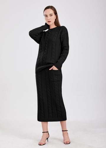 Image of chouyatou Women Winter Casual Chunky Cable Knit Long Pencil Skirt 2 Piece Outfit Oversized Pullover Sweater Sets