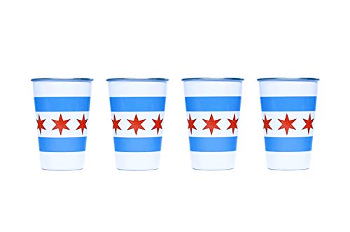 City of Chicago Flag Stainless Steel Pint Cups, Set of 4, 16 Oz Metal Cups For Drinking Made of Food Grade Quality, BPA Free, Shatterproof Tumblers Perfect for Camping, Picnics, Indoor & Outdoor Use