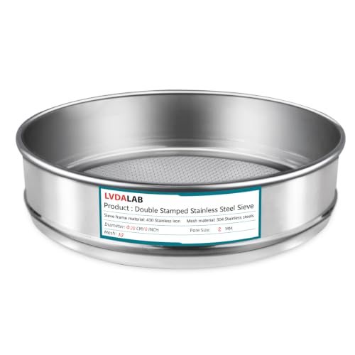 LVDALAB 304 Stainless Steel Mesh Lab Sieve, 10 Mesh (2mm) Aperture Test Sieve, 7.9Inch(20cm) Diameter Economy Standard Analysis Sample Test Sieves for Industrial Laboratory Homes