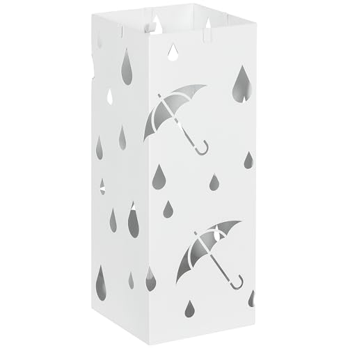 HOMCOM Paragüero de Acero Paragüero Blanco con 4 Ganchos y Bandeja de Goteo Extraíble Porta Paraguas Diseño Tallado para Pasillo Entrada 15,5x15,5x41 cm