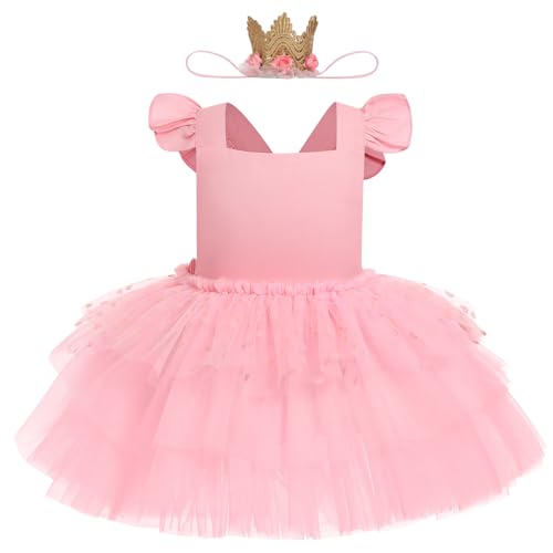 ODASDO Baby Girl First Birthday Cake Smash Outfit Flutter Sleeve Princess Tutu Tulle Romper Dress with Tiara Headband