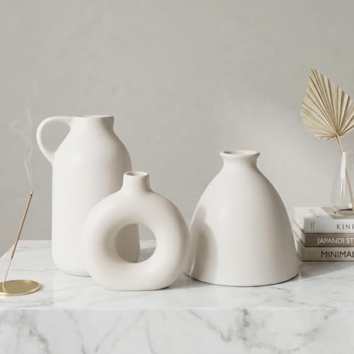 Image of Modern Ceramic Flower Vase Set of 3 | Nordic Donut & Jug Design Decorative Vases | Matte White Home Decor for Living Room, Table, Shelf, Office | Pampas & Dried Flower Vase
