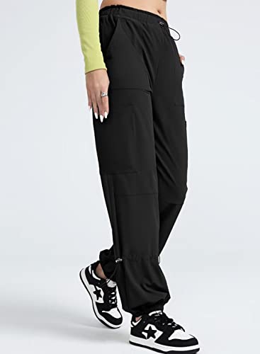 Allytok Parachute Pants For Women Baggy Drawstring Cargo Jogger Track Pants With Pockets Petite Girls Y2K Streetwear Trousers Black X-Small #TOP2