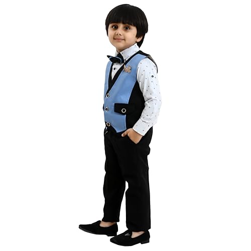 Image of Kids Ethnic Dress Suit Set I Boy's 3-Piece Suit with Bow Tie | Kids Festive Birthday Special Occasion Party Suit Set Shirt, Pant, Bow Tie & Waistcoat
