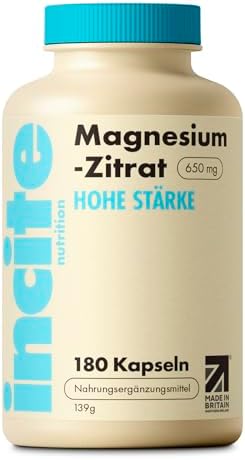 Incite Nutrition Magnesium Citrate Kapseln 650 mg. Hochdosiertes Ergänzungsmittel. 180 Magnesiumcitrat Kapseln, 6-monatiger Vorrat. Unterstützt die Muskelfunktion, Energie & erhols