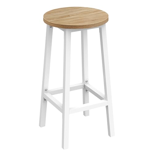 NMK HOME Taburete de Bar Redondo 65 cm – Taburete de Cocina con Estructura de Metal Blanca y Asiento Efecto Roble Sonoma, Taburete Estable con reposapiés para Cocina o Bar