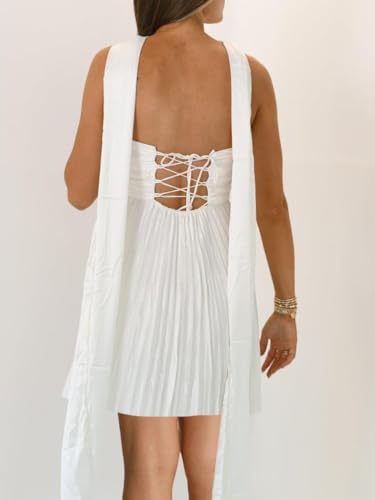 Women Y2k Satin Mini Dress Pleated Strapless Short Dress Tie Back Flowy Sundress Elegant Party Clubwear3