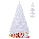 GOPLUS Sapin de Noël Artificiel Blanc 240 cm, Arbre de Nöel avec 1138 Branches, Base en Fer, Feuilles en PVC, Décoration de Noël, Idéal pour Suspendre Guirlande de Lumières et Etoile