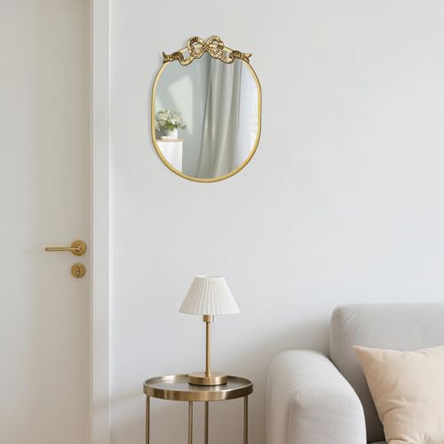 Image of SANY DAYO HOME Wall Hanging 16″ x 12″ Gold Metal Framed Oval Mirror with Decorative Bow, Modern Farmhouse Real Glass Accent Mirror for Vanity, Bathroom, Entryway