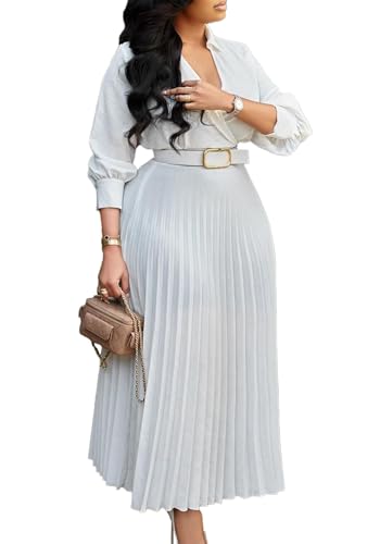 Famnbro Womens Pleated Dress V Neck Long Sleeve A line Church Formal Works Business Dresses with Belt