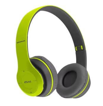 p47 wireless bluetooth headphones with mic, foldable over-ear headset, green and black, fm/sd card support, deep bass, volume control