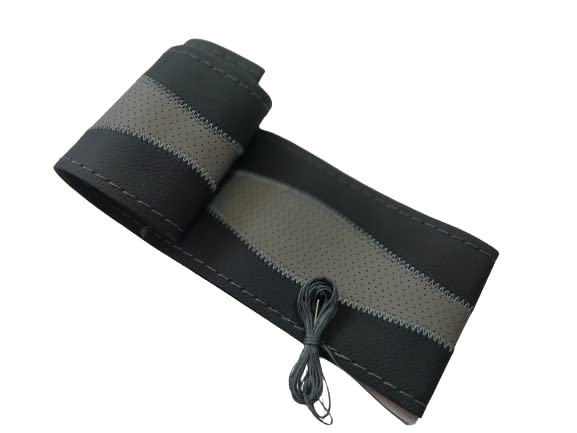 Image of BLACKBIRD Faux Leather | Stitchable Breathable | Stitchable Anti Slip Car Grip Steering Wheel Cover (Black & Grey)