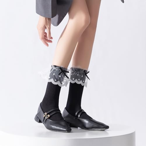 Image of 6 Pairs Womens Bow Socks Ruffle Casual Crew Socks, Cute Lettuce Edge Socks, Soft Breathable Cotton Frilly Dress Socks