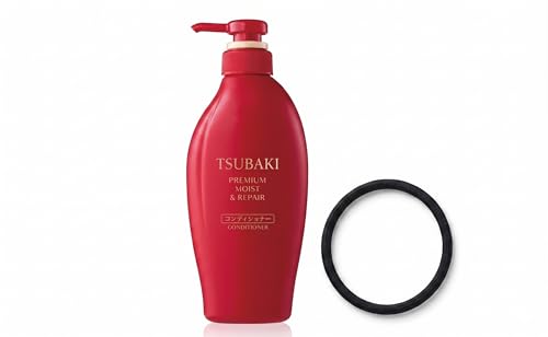 TJ SIGNATURE TSUBAKI Premium Moist & Repair Conditioner - 0-Second Salon Hair Treatment with Red Camellia Oil for Dry Damaged & Frizzy Hair - Includes Exclusive Hair Tie - 490ml (16.6 fl oz)
