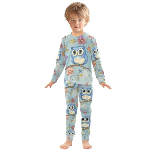 Fustylead Cute Cartoon Blue Owl on Branch with Flowers Pajamas Cotton Sleepover PJ Set Long Sleeve Lounge Wear3