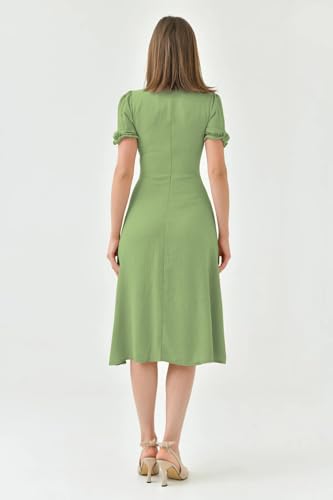 Image of Shasmi Girl's & Women's Solid Midi Dress - Elegant Square Neck Button-Down Dress with Puff Short Sleeves | Stylish Casual & Party & Office Wear Outfit (Dress 105)