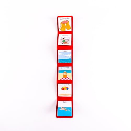 PECS® Compact Community/Traveling Visual Schedule, 18" x 3" Unfolded, 3" x 3" Folded, for Transitions, School, Home, Work and Community. (Red)