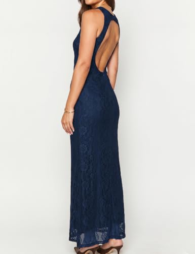 Image of Elegant Lace Floral V Neck Backless Bodycon Dresses for Women Sexy Cut Out Low Back Sleeveless Maxi Dress Wedding Guest