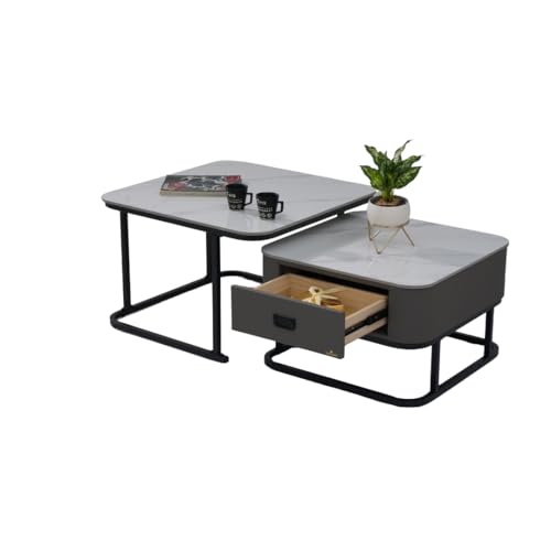 Image of Royaloak Genting Malaysian Square Sintered Top Coffee Table Set of 2 | Nesting Coffee Table for Living Room with Modern Nested Design, Drawer Storage, Glossy Surface & Powder-Coated Metal Frame