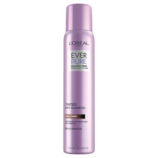L'Oreal Paris EverPure Sulfate Free Tinted Dry Shampoo for Dark Hair, for Brown and Black Hair, Absorbs Oil, Refreshes Colored Hair, with Rice Starch, Vegan Formula, Paraben and Gluten Free, 4 fl oz