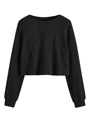 OYOANGLE Girl's Ribbed Knit Crew Neck Long Sleeve T Shirts Drop Shoulder Solid Tee Tops