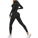 Heflashor Damen Sportanzug Trainingsanzug Jogginganzug 2 Teilig Bauchfrei Langarmshirt +Push up Leggings Sportbekleidung Set Yoga Outfit Freizeitanzug,Schwarz,S