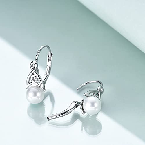 Pearl Earrings for Women 925 Sterling Silver Irish Celtic Knot Drop Dangle Earrings Leverback Jewelry Gifts (silver)2