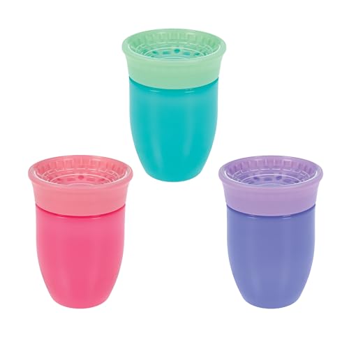Image of Nuby Wonder Cup - Spill-Proof Toddler Sippy Cups - (3 Pack) 7 oz - Sip from All Sides - Leak Resistant - Spoutless Transition Cup - Aqua/Purple/Pink