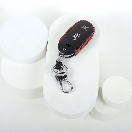 Image of Leather Smart Car Key Cover Case for Hyundai Verna Kona Electric (Black)
