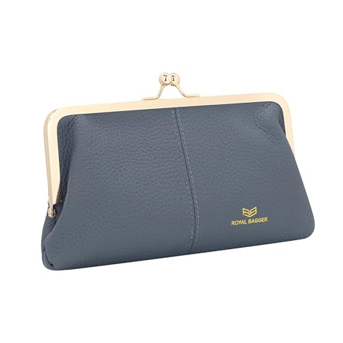 Image of Royal Bagger RFID Kiss Lock Wallet, Solid Color Multi-card Slots Card Holder, Genuine Cow Leather Clutch Purses for Women 1468 (Blue)